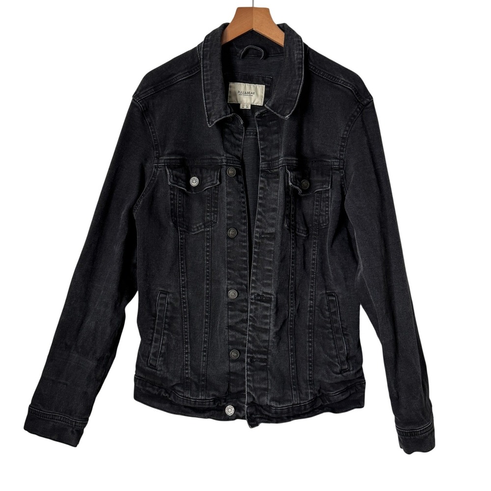 Pull and Bear Black Denim Trucker Jean Jacket Faded Wash Womens Size Medium